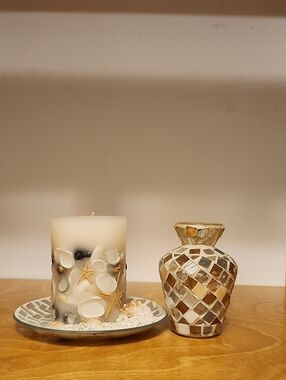 Kohl's White Beach Shell Candle with Mosaic Gold-Tan Vase